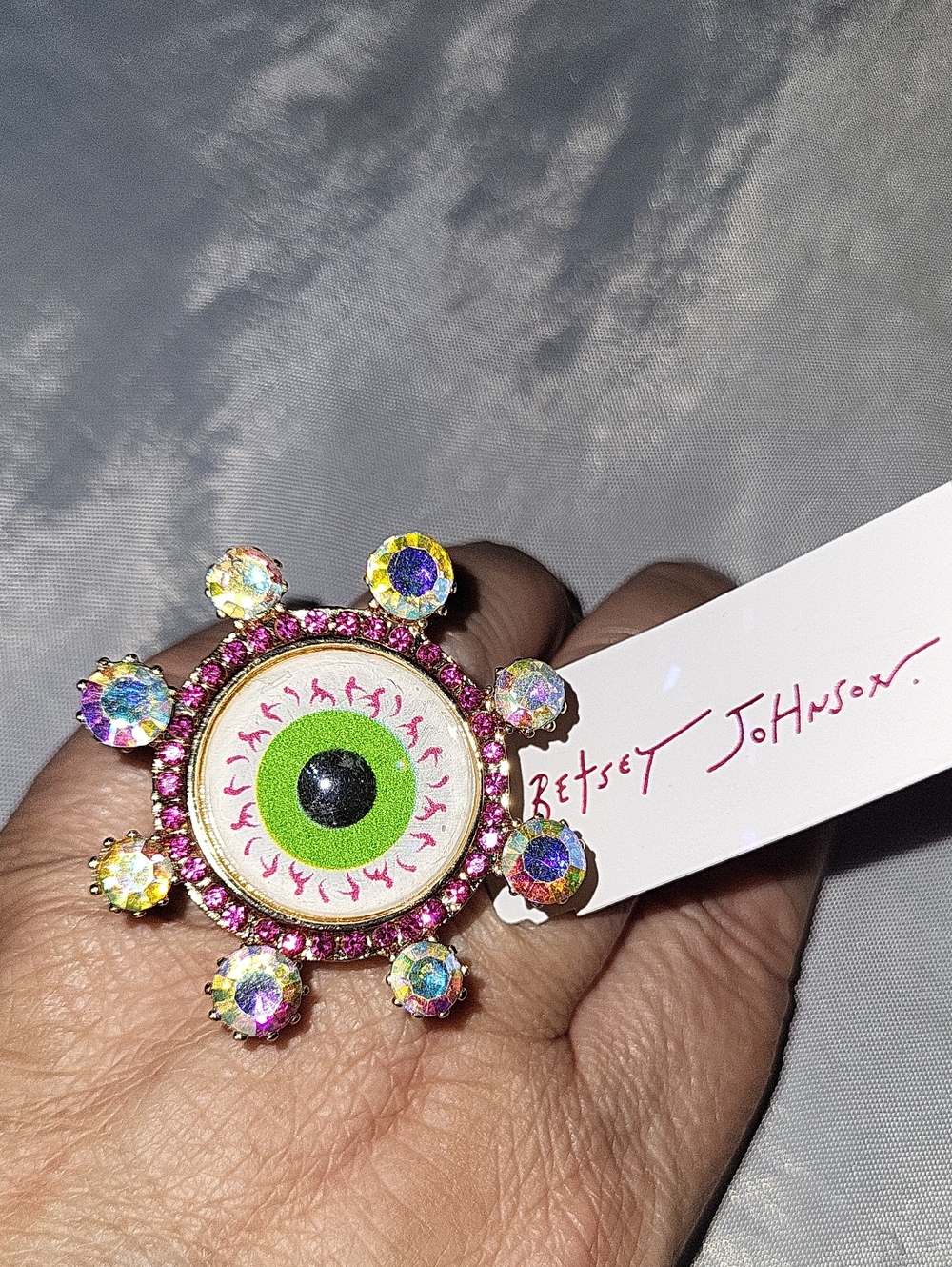Betsey Johnson Green Eyeball Ring with Pink and Iridescent Rhinestones Adj. Bnwt